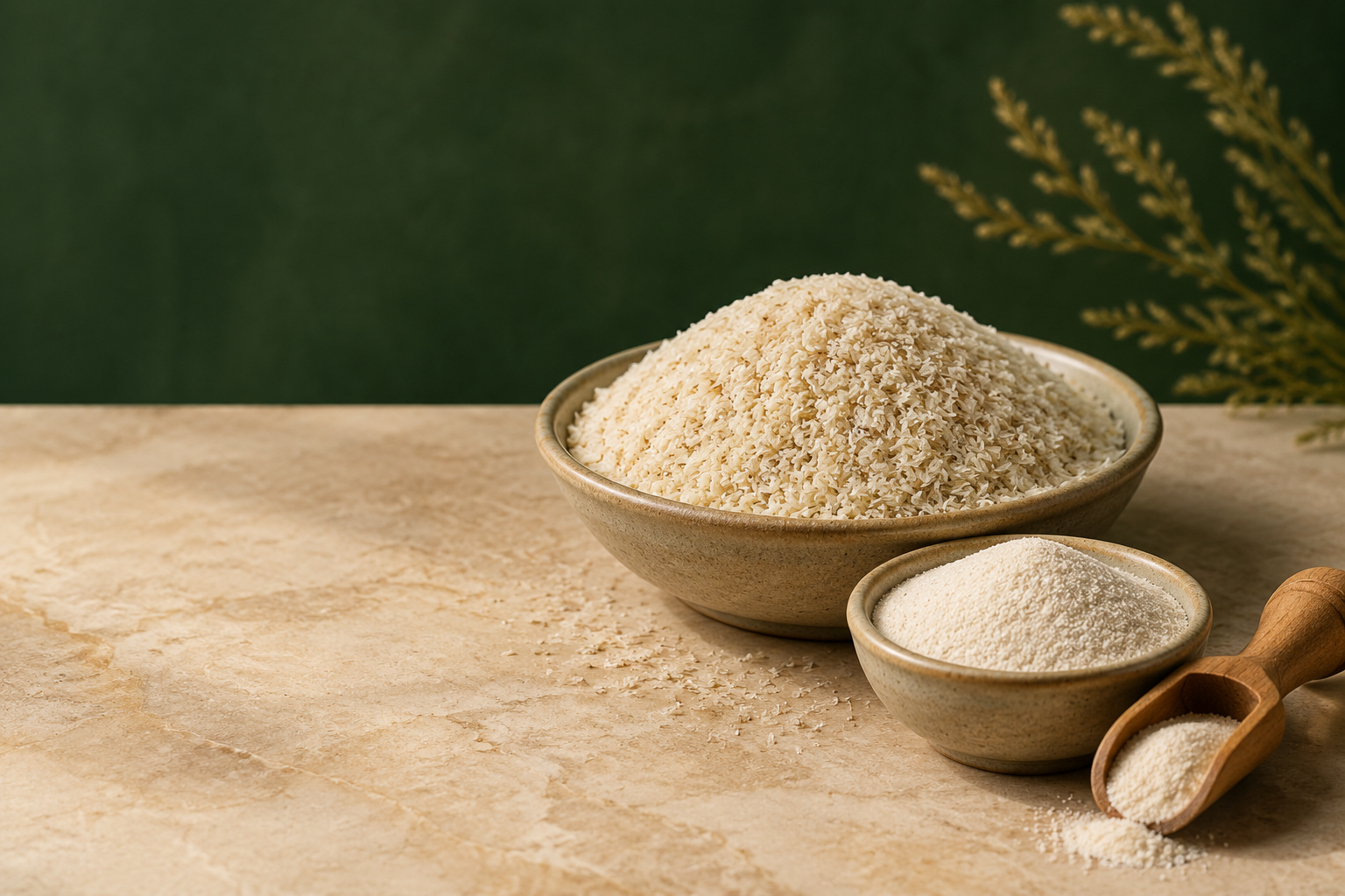 Psyllium whole husk and powder displayed in ceramic bowls
